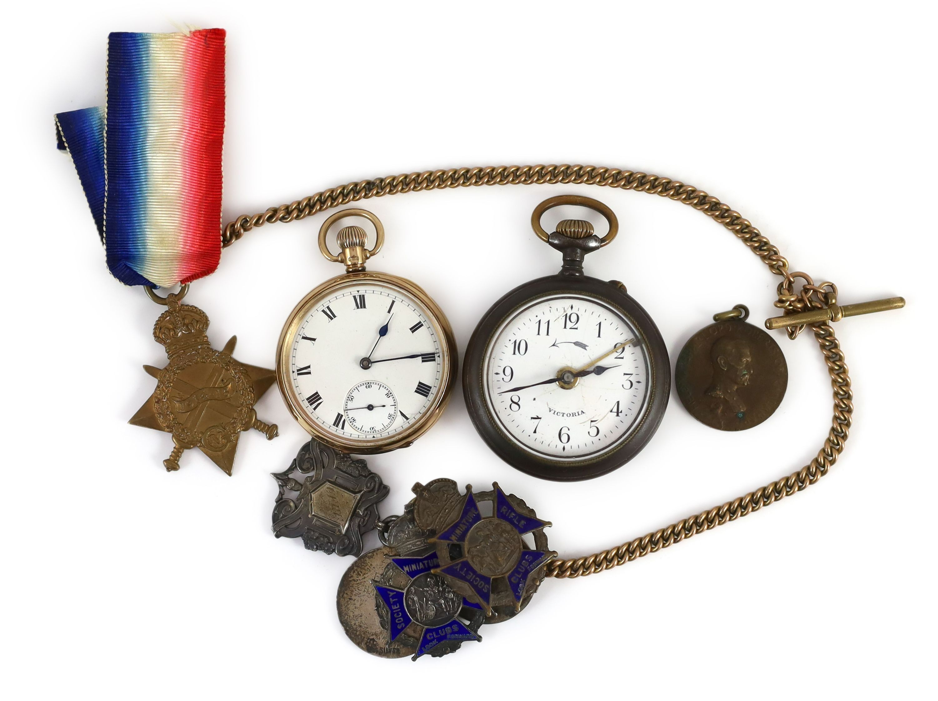 WWI interest: W G Wright, East Surrey Regiment 9ct gold presentation open faced keyless lever pocket watch, hallmarked for Birmingham, 1915, with Roman dial 1914-5 star, various shooting medals and a German soldier's ala